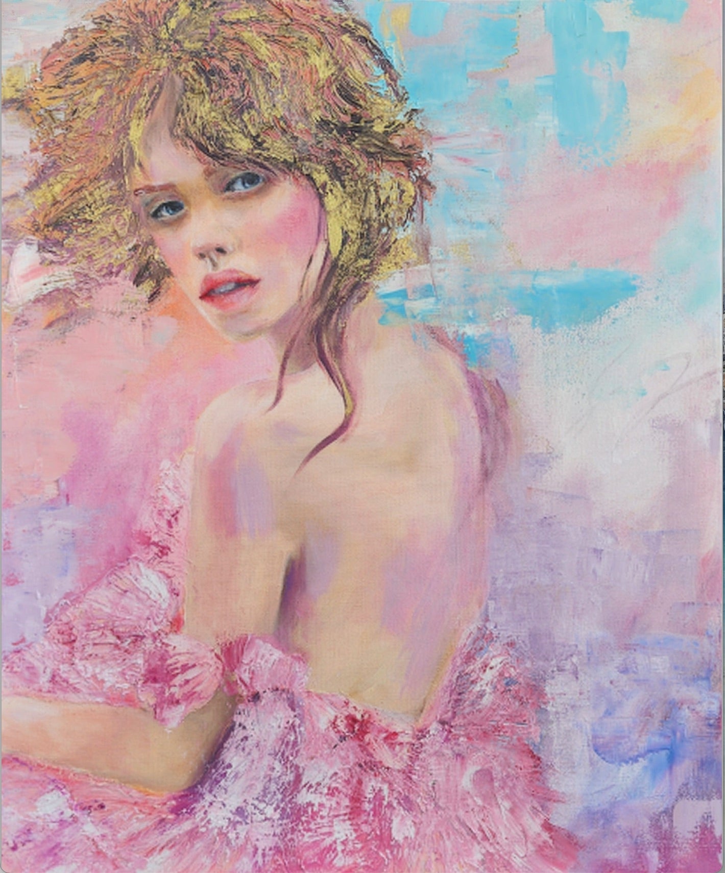 The Power Within – contemporary oil painting of a woman with golden red hair turning over her shoulder in soft coral and aqua tones by Australian artist Penelope Jayne.