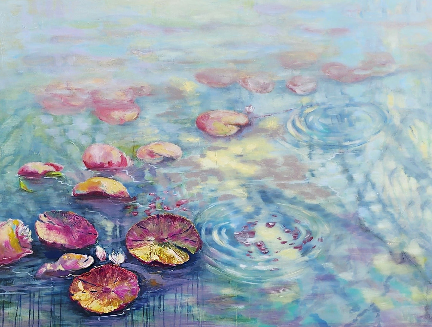 Echoes on Still Water - waterlily pond oil painting by Penelope Jayne with lily pads and lily flowers floating in the water.