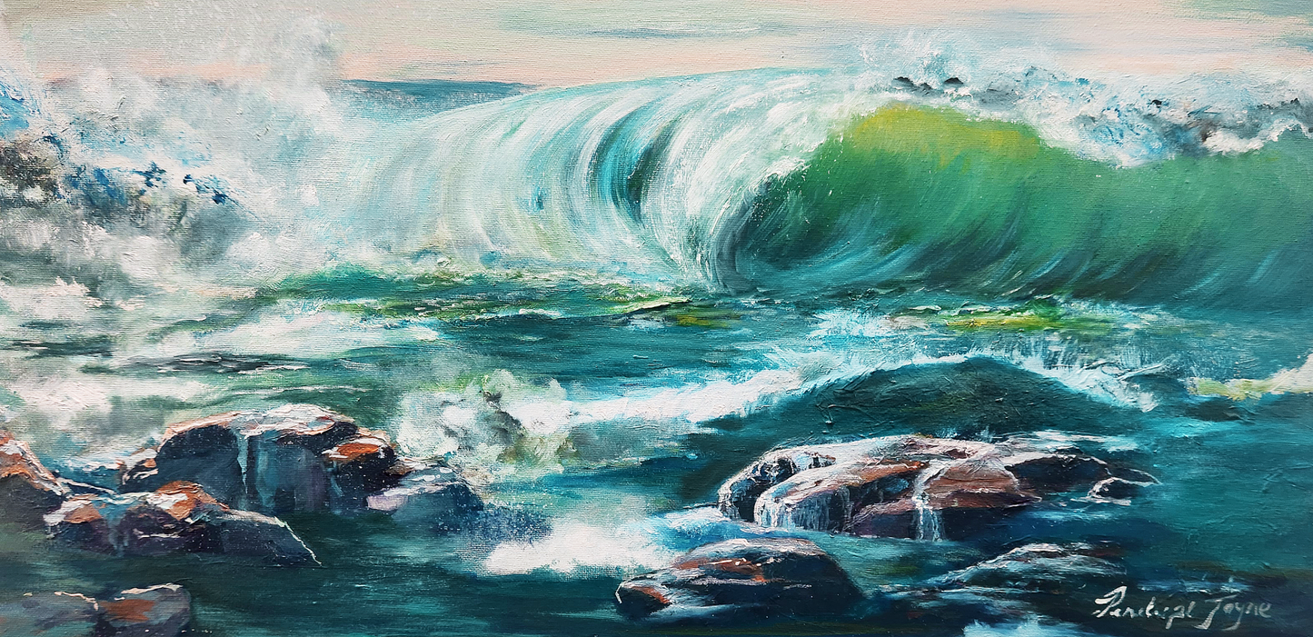 Rolling Wave, expressive coastal seascape oil painting by Australian Artist Penelope Jayne, this captures the ocean's power
