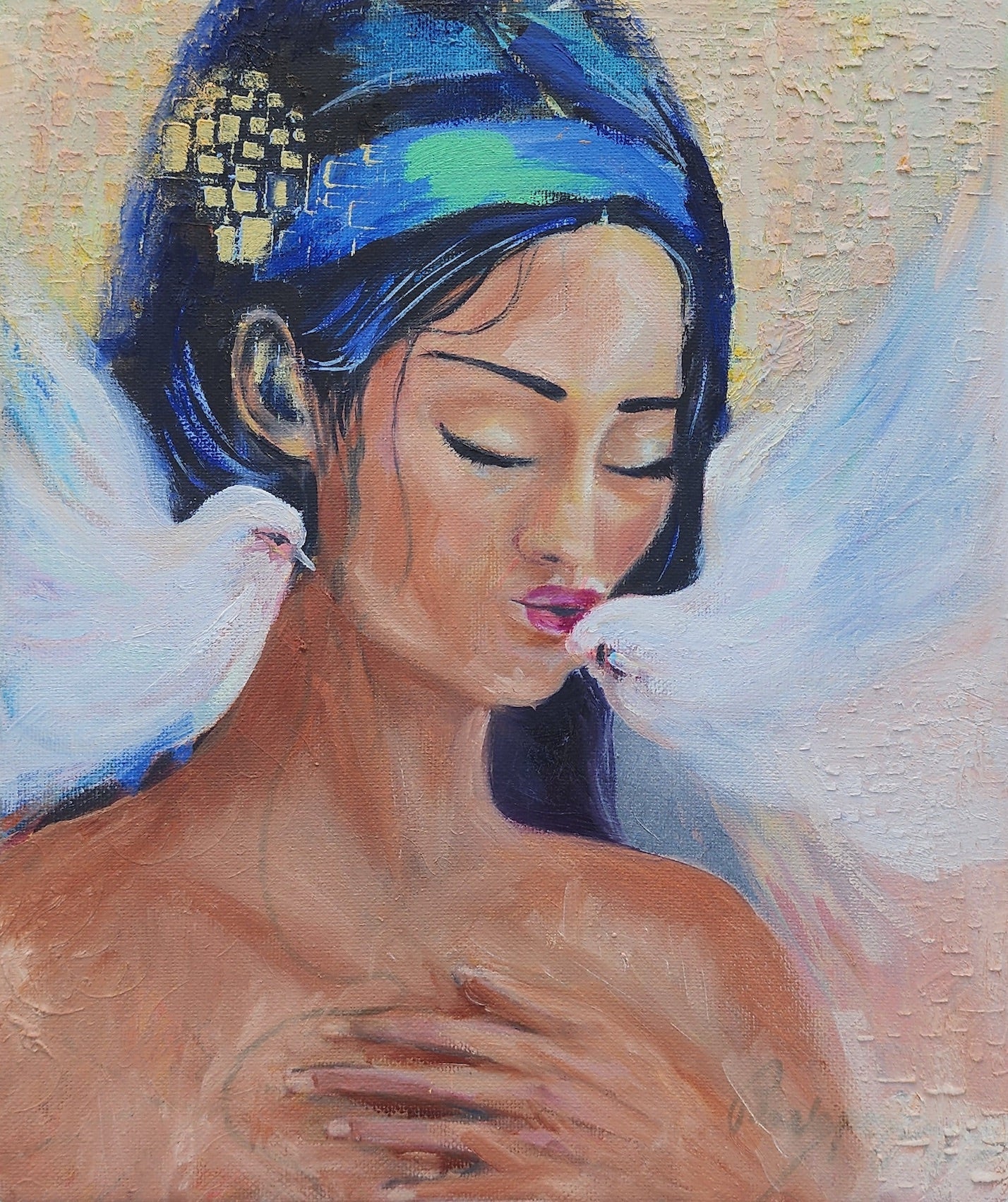 The Kiss of Peace | Sacred Feminine Painting with Dove by Penelope Jayne - oil painting by Australian Artist Penelope Jayne