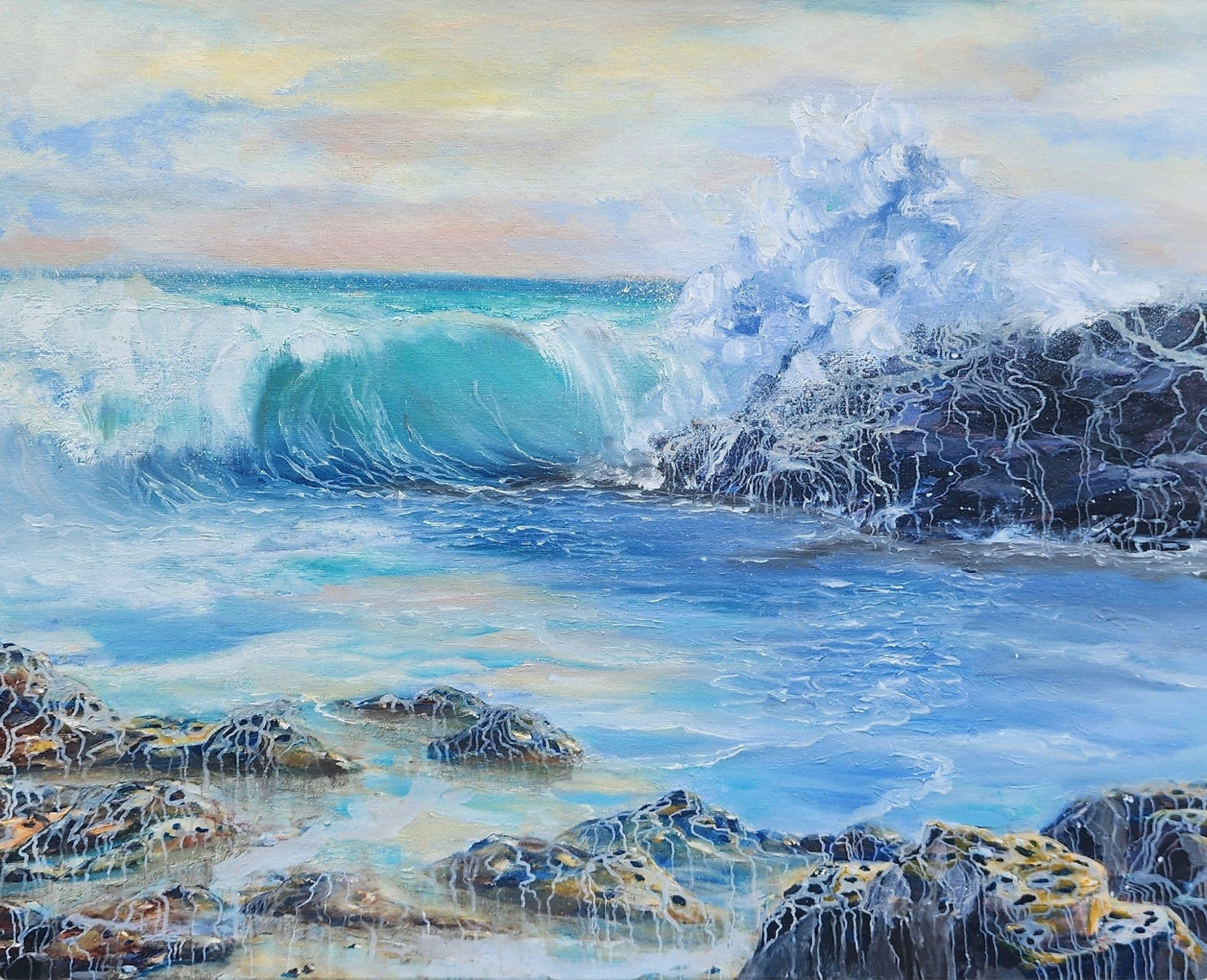 The Splash - coastal art, seascape oil painting by Penelope Jayne capturing a breaking splashing wave crashing against the rocks