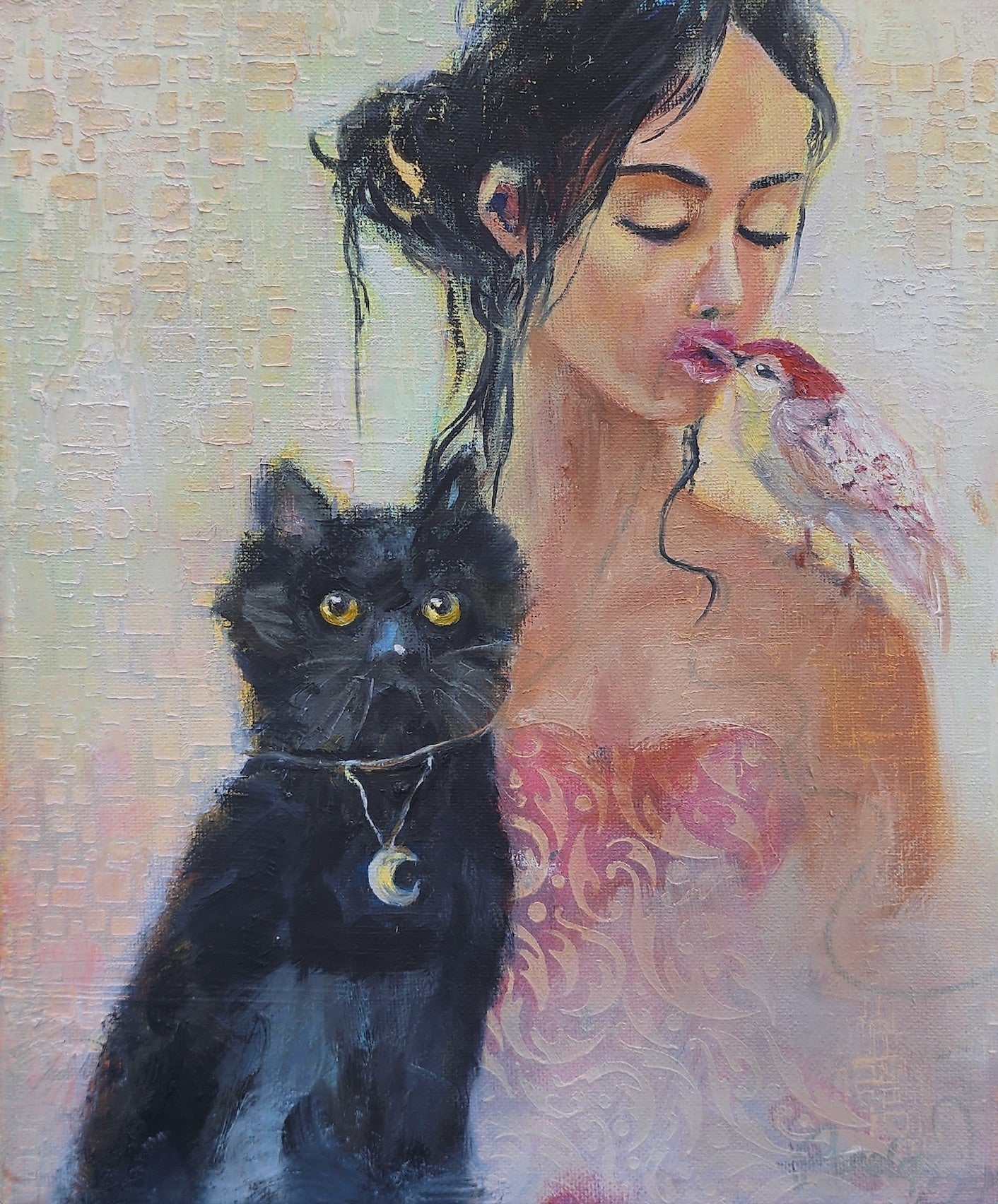 Whispers Between Worlds | Sacred Feminine by Penelope Jayne - oil painting by Penelope Jayne with a black cat, bird and woman
