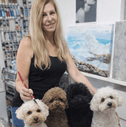 Penelope Jayne and her four toy poodle studio muses - Penelope Jayne Art