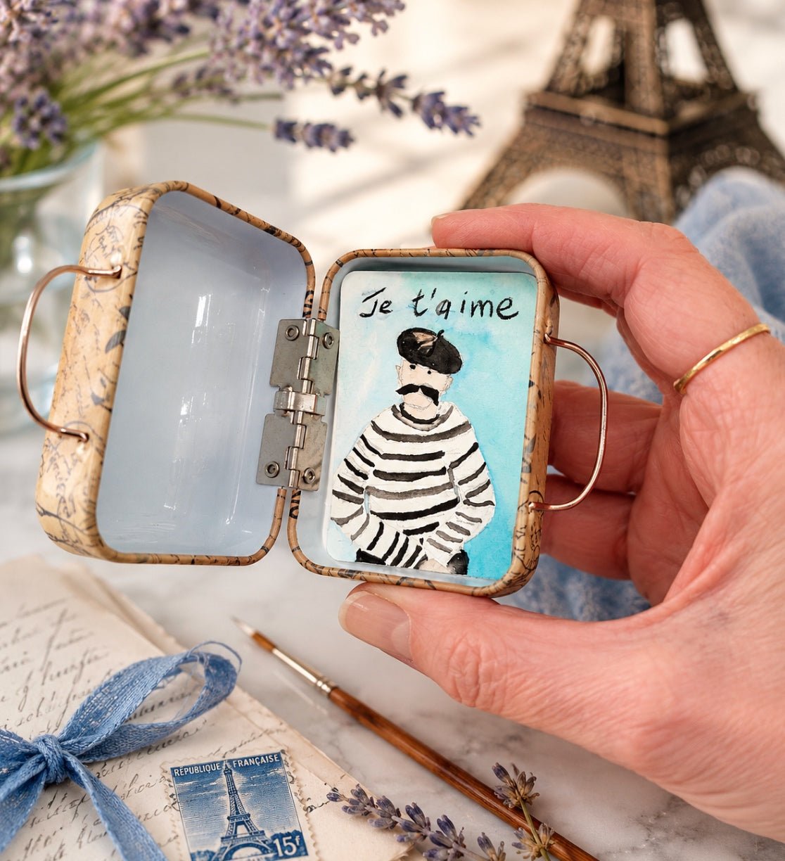 Collection of Joy - Penelope Jayne Art miniature original paintings in a tiny french suitcase