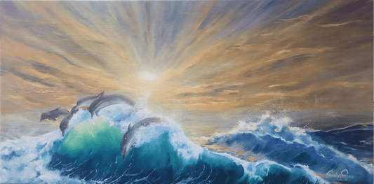 Dophins Diving | sealife oil painting, of dophins diving over the waves in the sunset by Australia artist Penelope Jayne