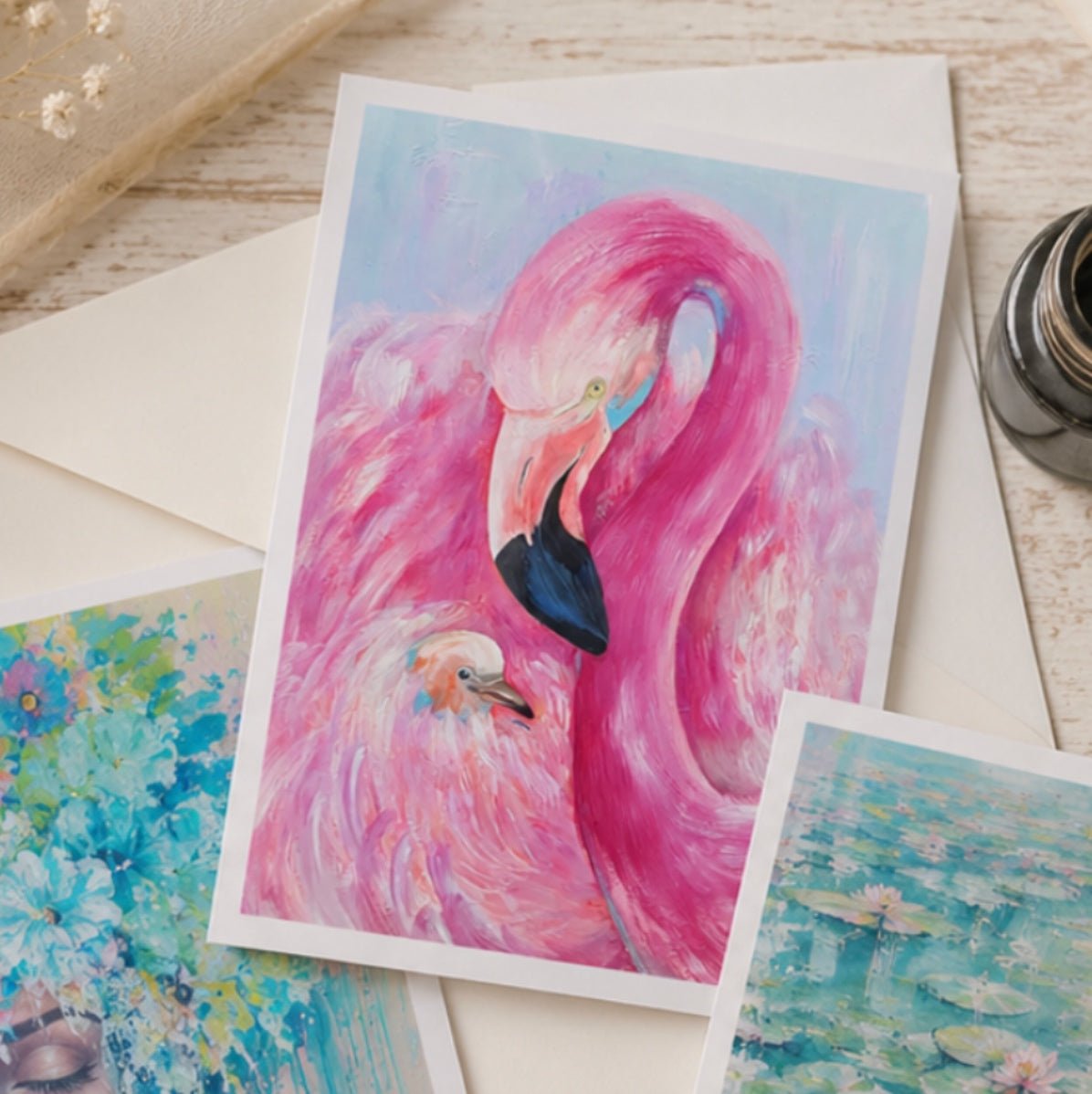 Flamingo and Baby Greeting Cards - oil painting by Penelope Jayne
