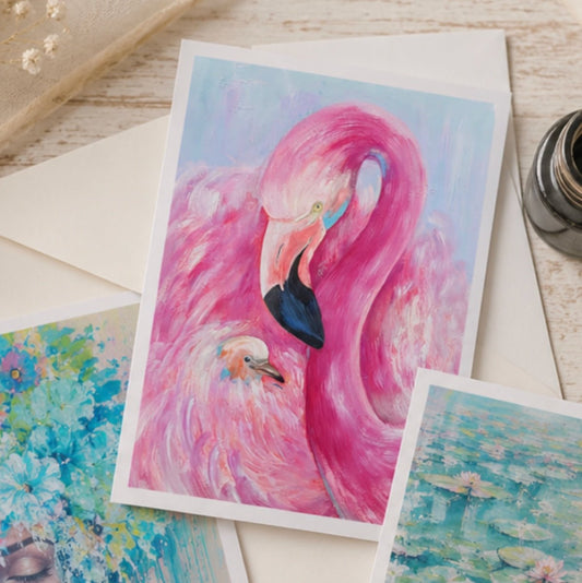 Flamingo and Baby Greeting Cards - oil painting by Penelope Jayne