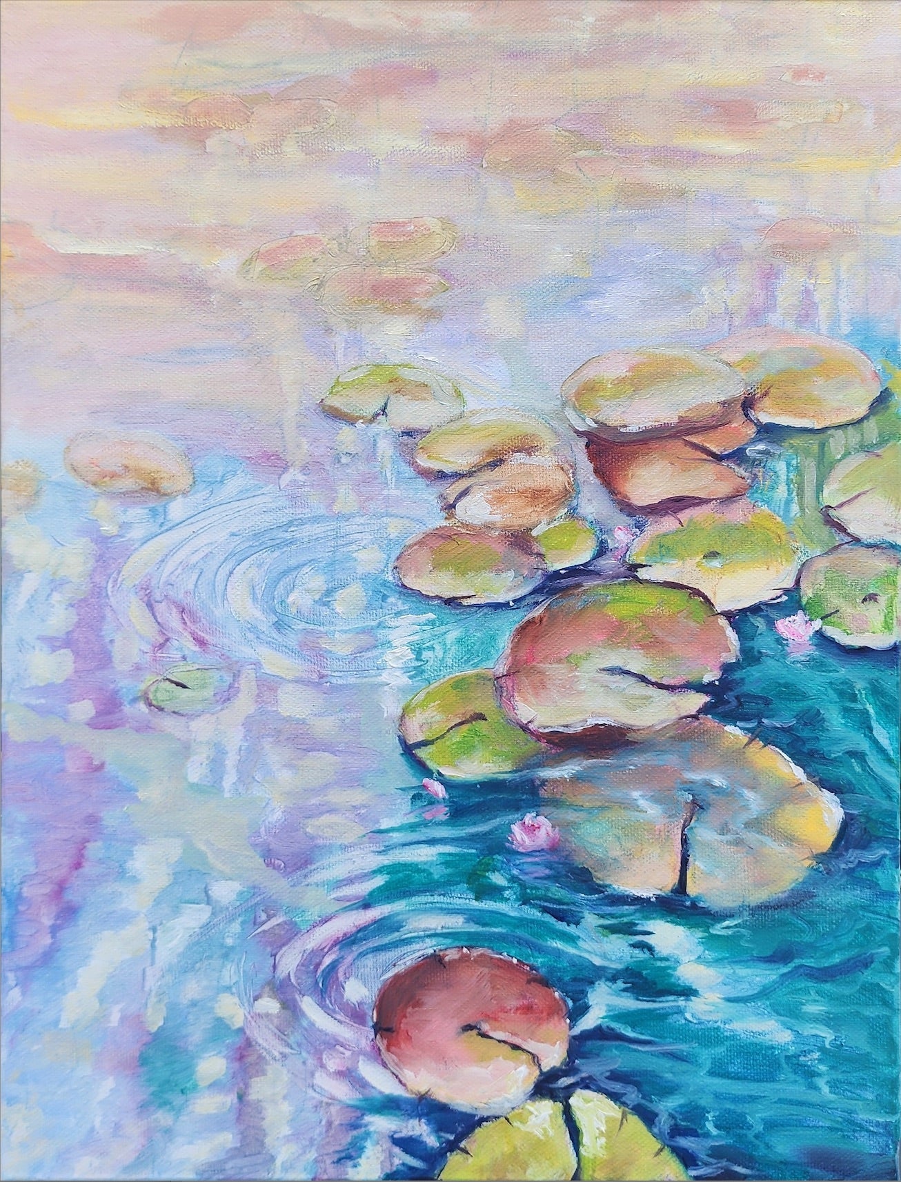 Morning Reflections - waterlily pond painting by Penelope Jayne with floating lily pads on the turquoise pond and ripples