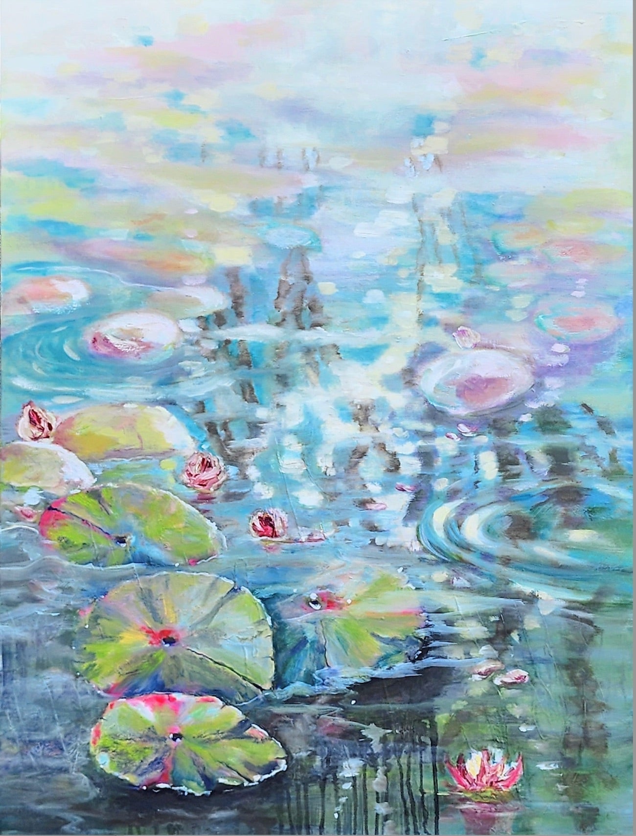 Reflections in the Lily Pond - waterlily pond oil painting by Penelope Jayne with lily pads and lily flowers floating. - waterlily pond series