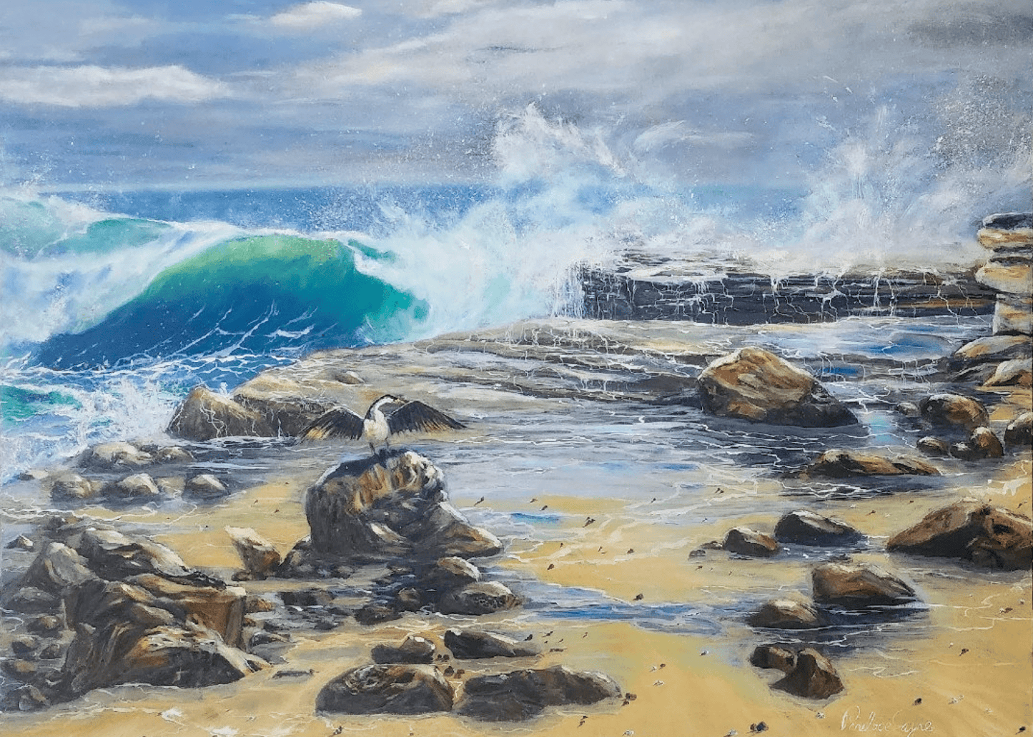 Shag on a Rock — Central coast coastal seascape oil painting by Penelope Jayne on crashing waters and shag sun baking
