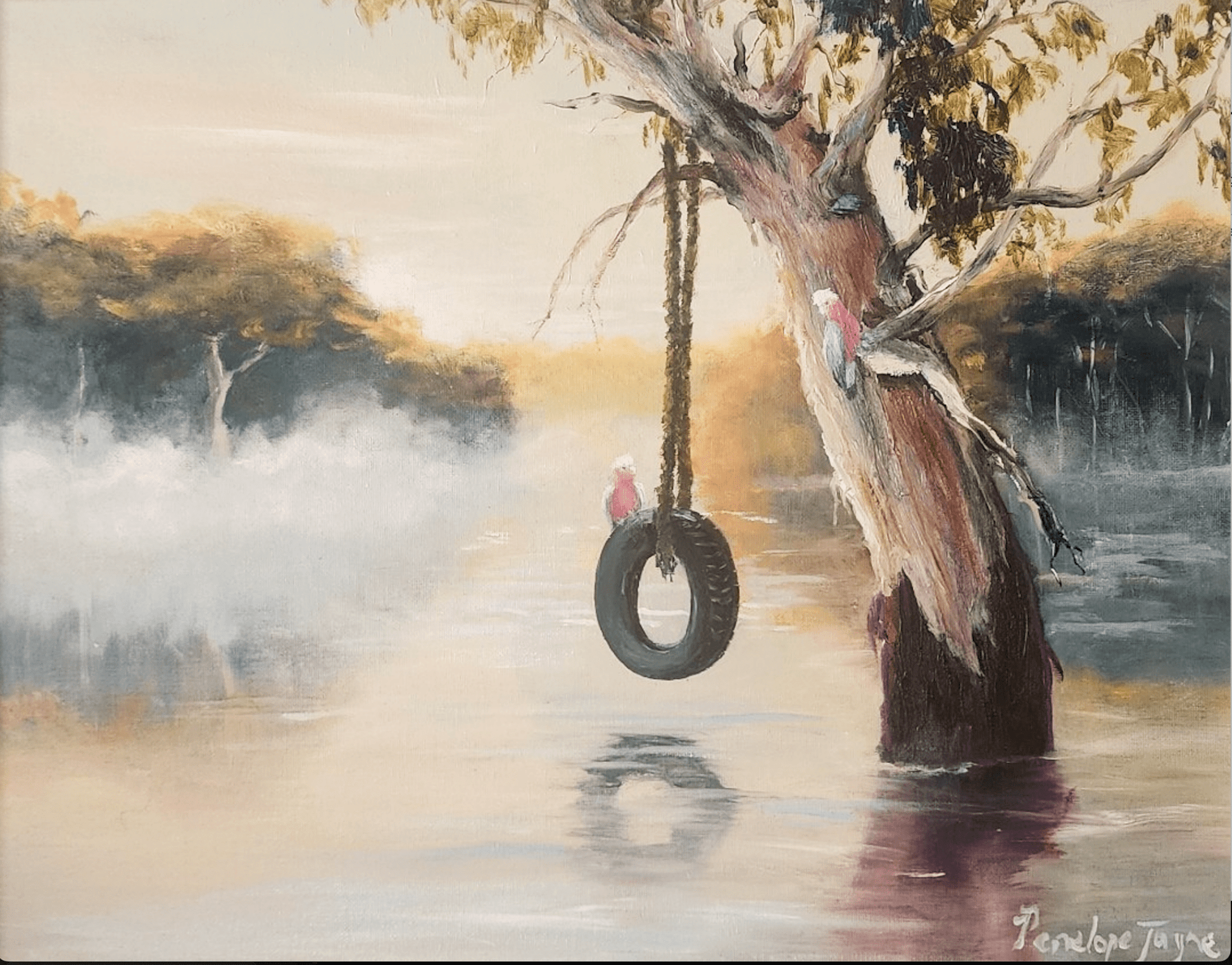 The Swing — Australian landscape, tall red gum trees in the water, with two pink galahs - oil painting by Penelope Jayne