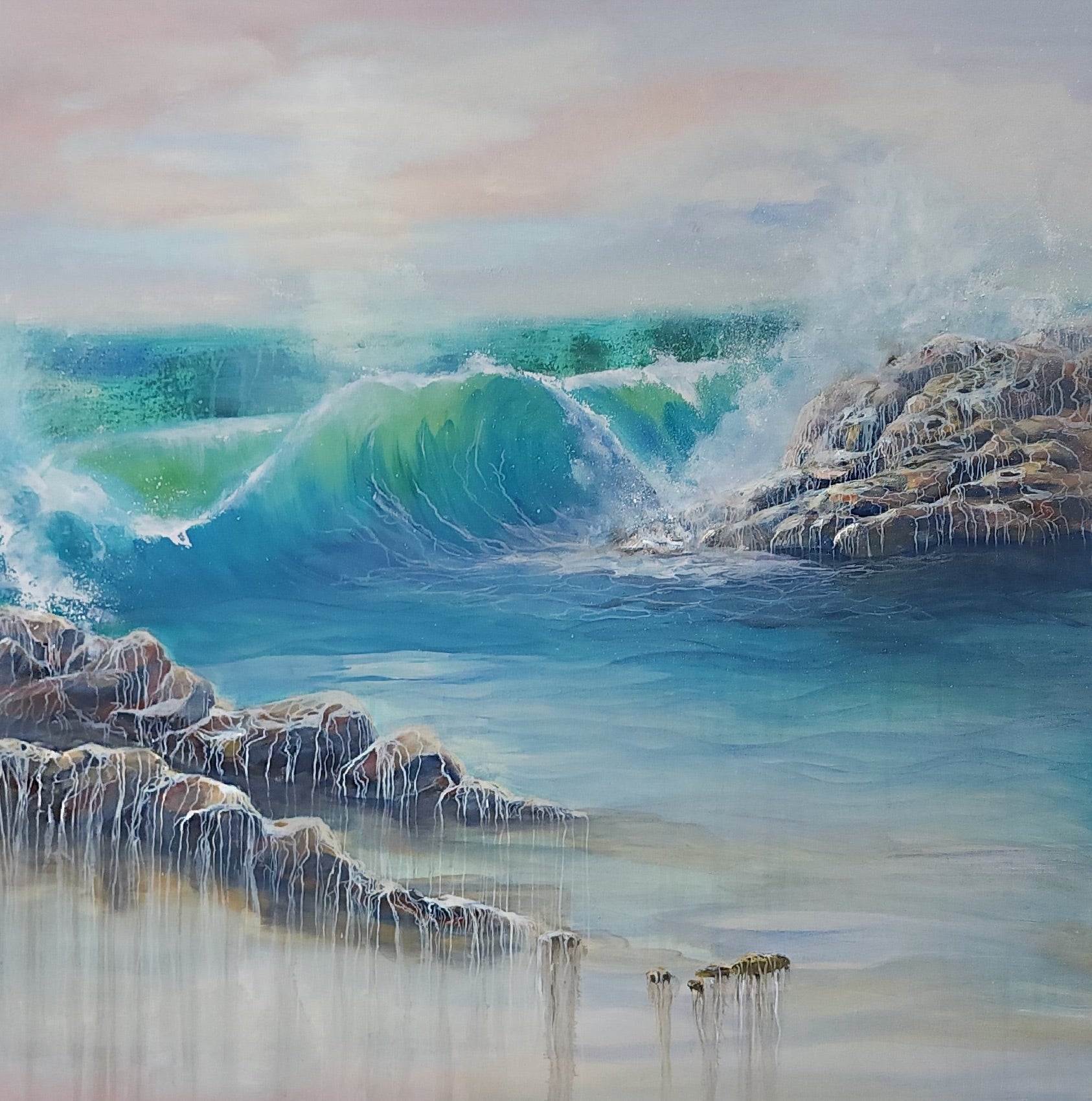 Time Falls Like Water - seascape oil painting by Penelope Jayne featuring coastal light and flowing rock formations, coastal art.