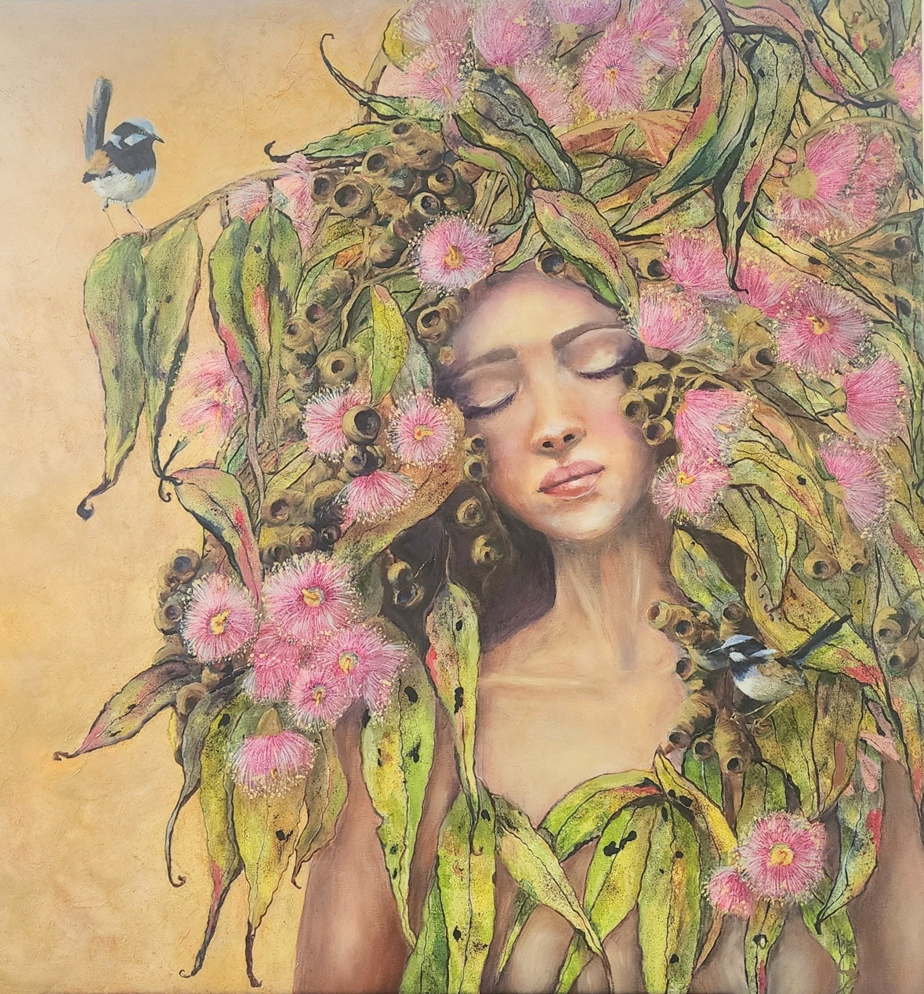 Where Wild Birds Dream an ethereal feminine oil painting by Penelope Jayne featuring blue wren, gum tree blossom and woman.